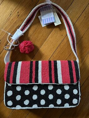 Beaded Polka Dot & Stripe Shoulder Bag in Pink, Black & White NWT
